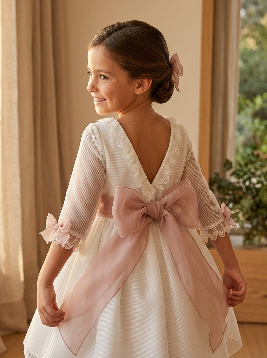 Vestido blanco organza rayada manga francesa