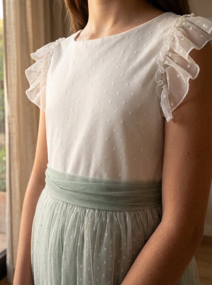 Vestido tul verde empolvado con manguita volante
