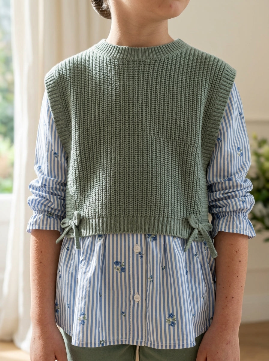 Conjunto blusa con chaleco y pantalon verde largo