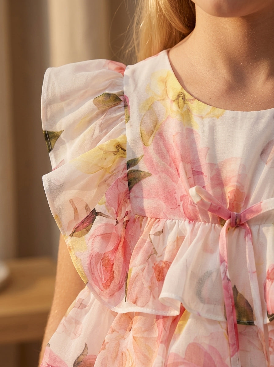 Vestido volantes flores rosas y amarillas "Capricornio"