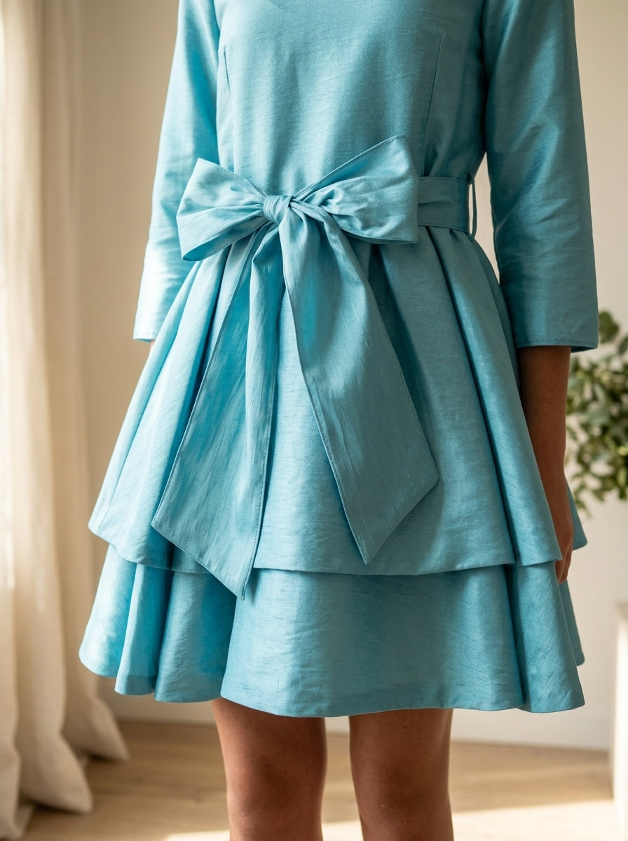 Vestido seda salvaje turquesa con dos volantes