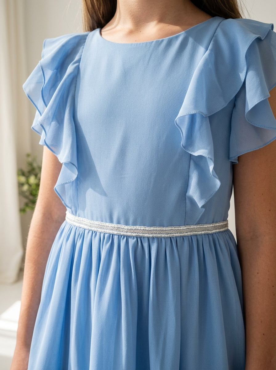 Vestido gasa azul con volantes