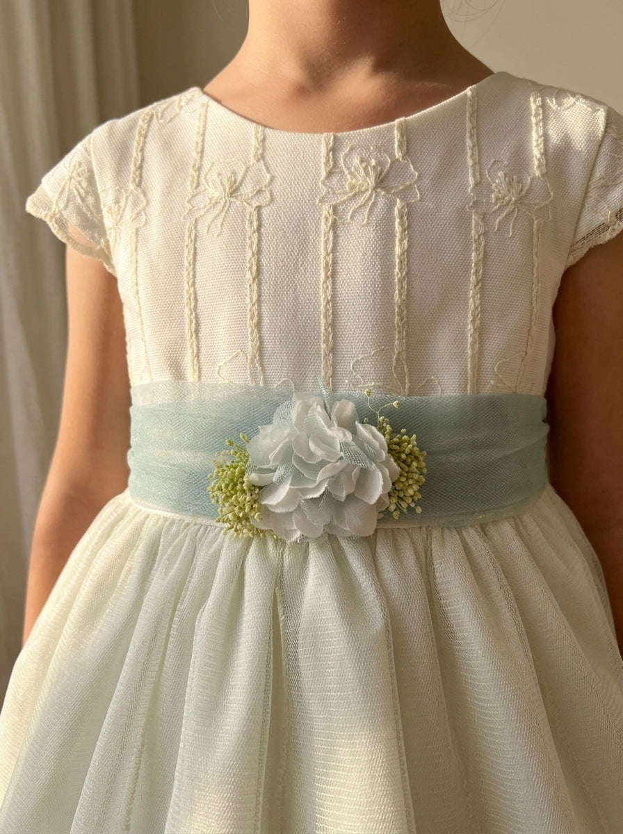 Vestido infantil verde empolvado y beig