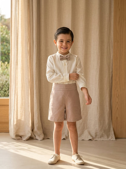 Conjunto camisa lino con pajarita rosa y short lino rosa empolvado fajin tablas