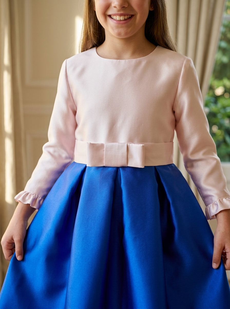 Vestido mikado rosa y azulon con lazo