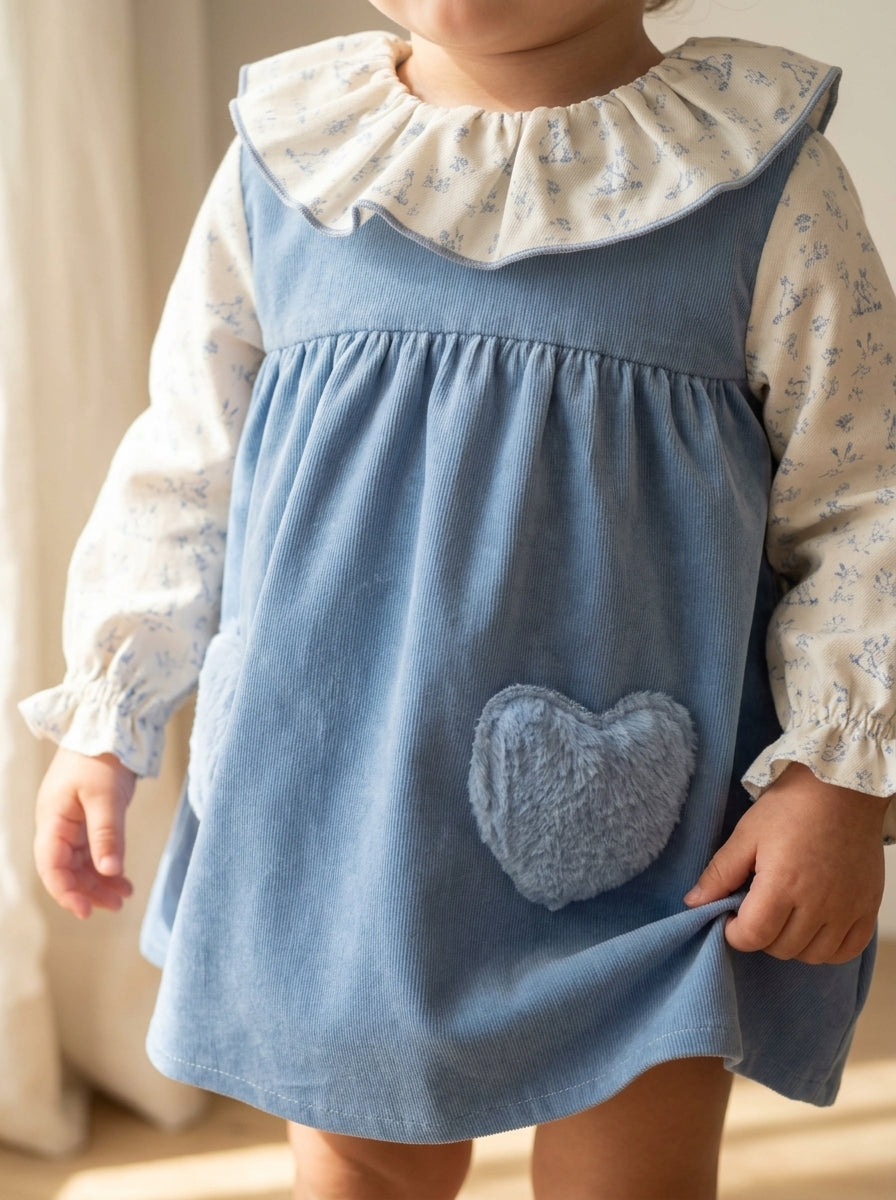 Vestido cuerpo azul con detalle corazones pelito y braguita