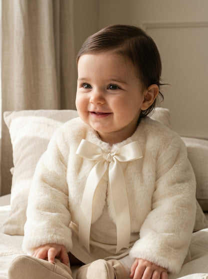 Bolero de peluche beige con lacito de raso