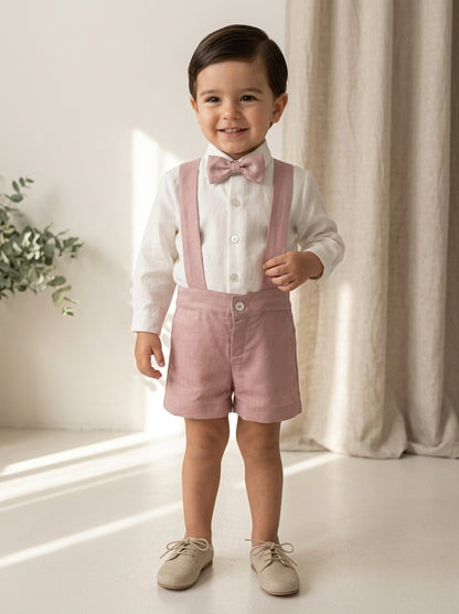 Conjunto camisa beig y short con tirantes rosa
