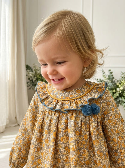 Vestido estampado flores turquesas y mostazas "Simba"