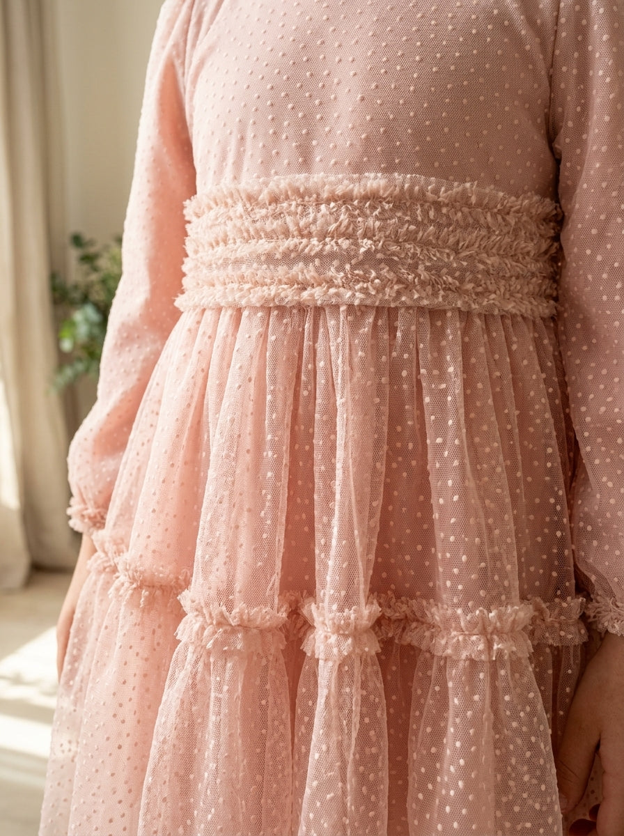 Vestido flocado rosa empolvado