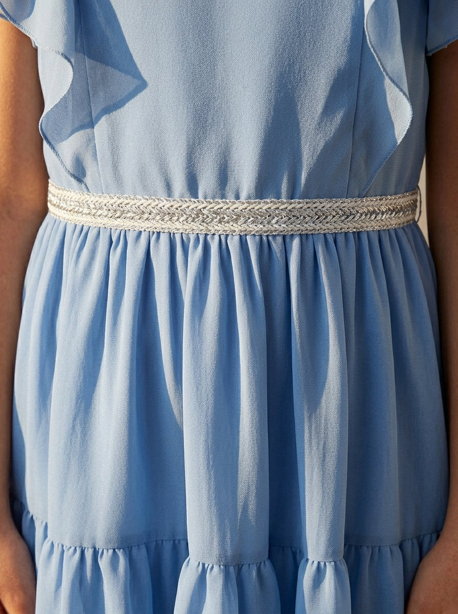 Vestido gasa azul con volantes