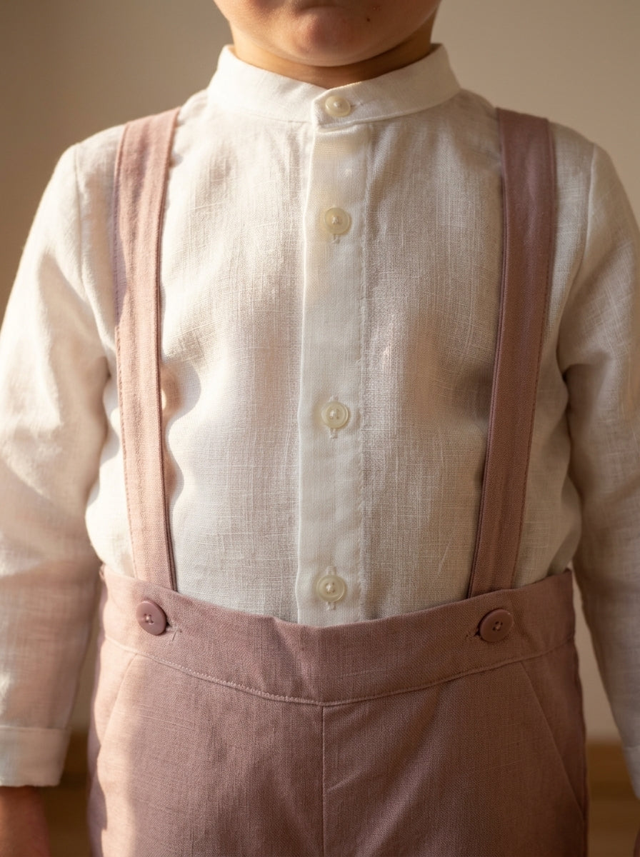 Conjunto camisa lino cuello mao y short tirantes rosa