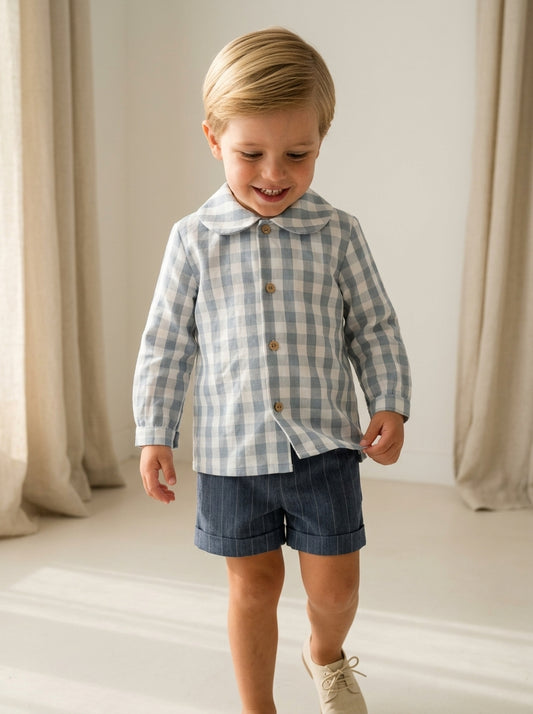 Conjunto camisa cuadros azules y short azul "Nieves"