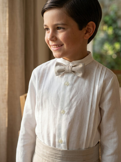 Conjunto camisa lino, short , fajin y pajarita camel
