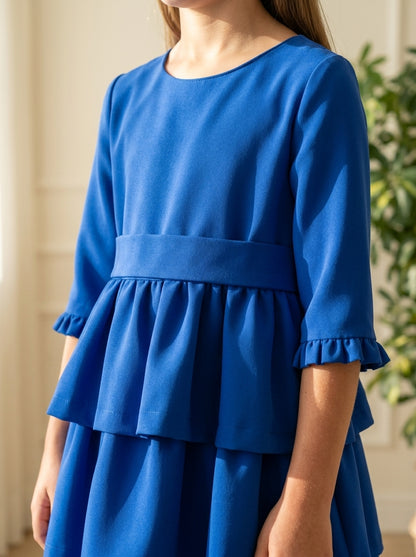 Vestido azul clay con tres volantes