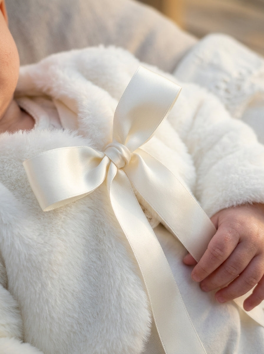 Bolero de peluche beige con lacito de raso