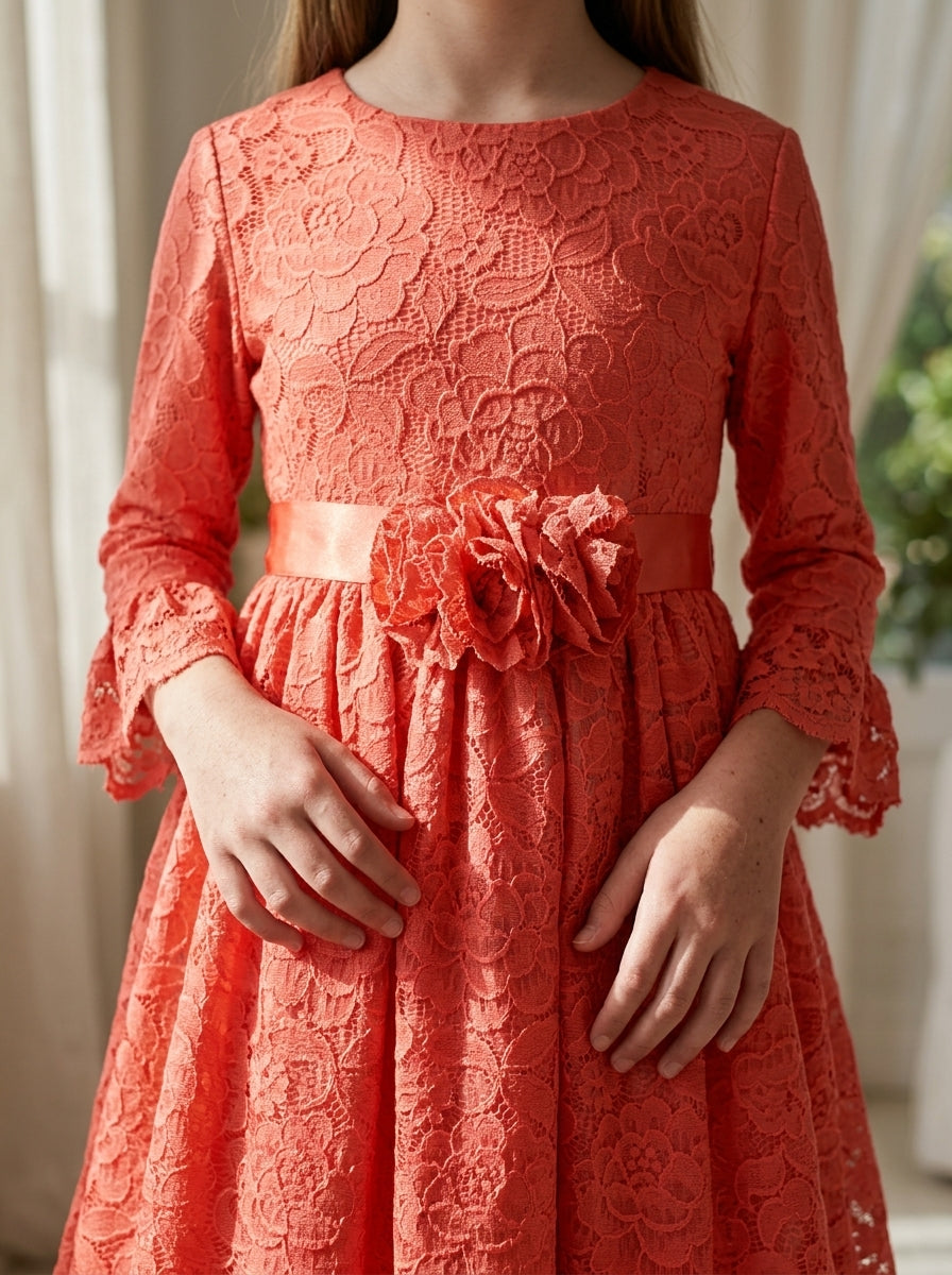 Vestido encaje coral manga francesa