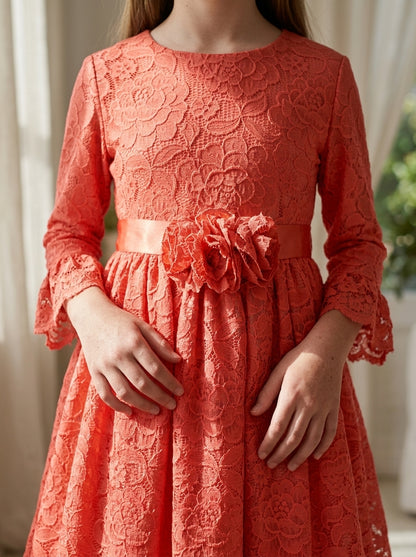 Vestido encaje coral manga francesa