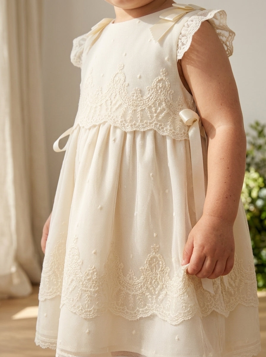 Vestido tul bordado beig con falda tul rosa y capota
