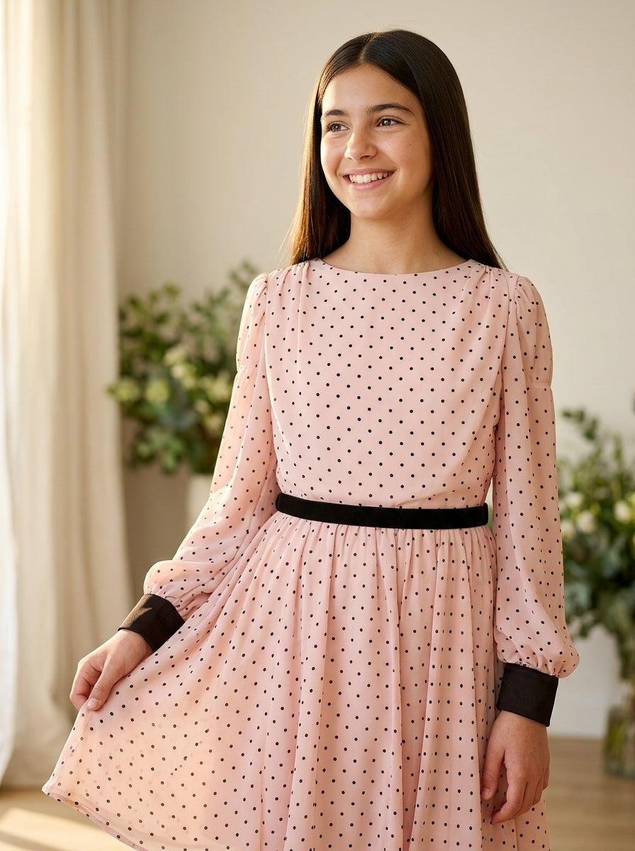 Vestido rosa con topitos negros y terciopelo negro