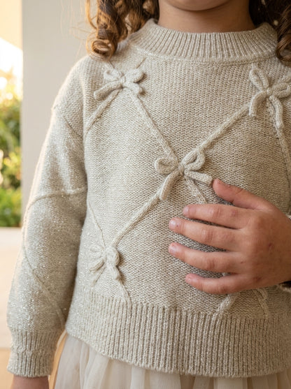 Conjunto vestido tul y jersey tostado con lazos y brillitos