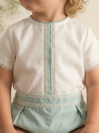 Conjunto camisa beig y bombacho lino verde empolvado