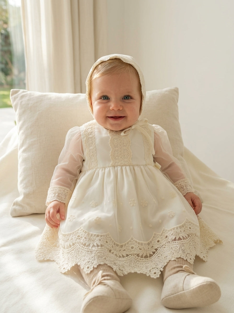Vestido tul bordado manga larga con capota