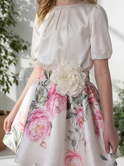 Conjunto blusa saten beig y falda estampada flores con rosetón