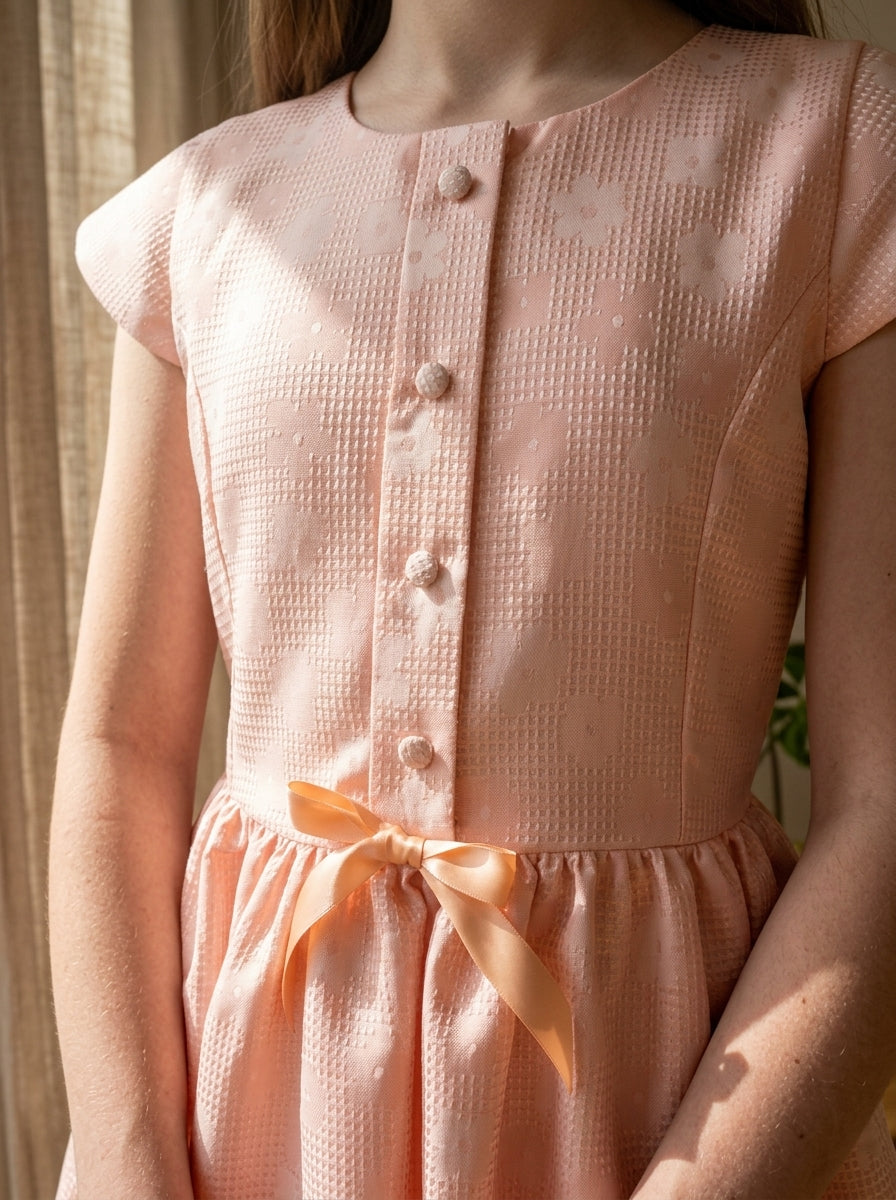 Vestido mikado brocado flores salmon