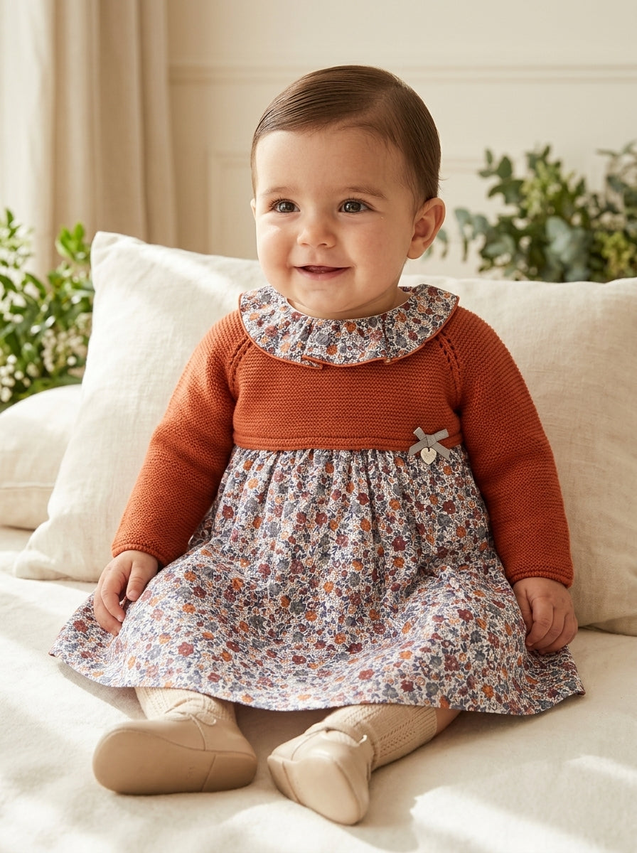 Vestido lana teja flores "Brandy"