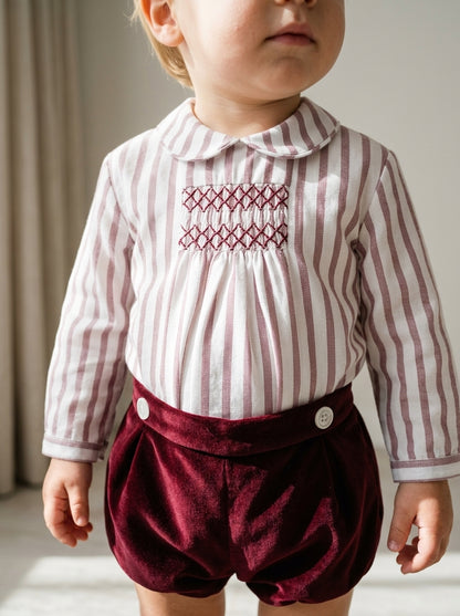 Conjunto camisa rayas granate y bombacho terciopelo granate