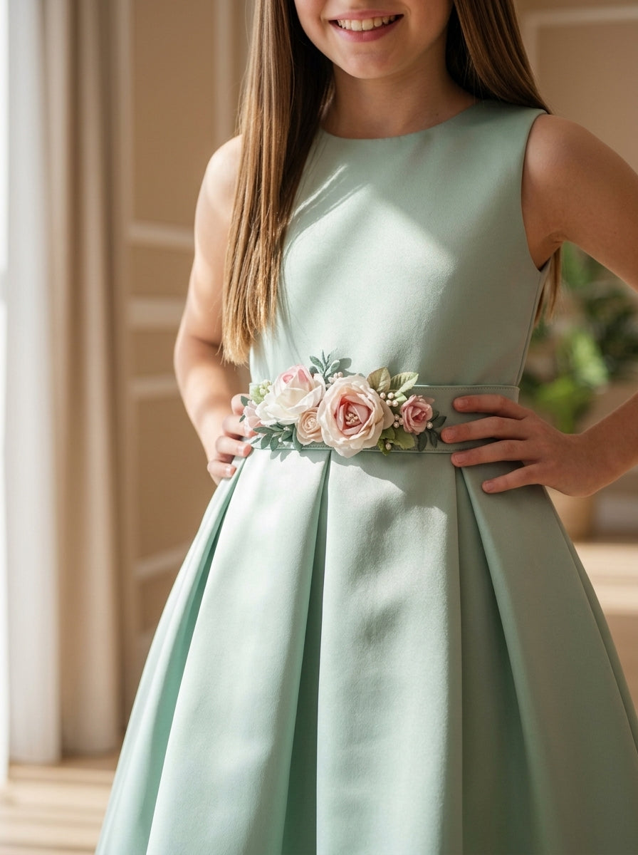 Vestido mikado verde con fajin de flores rosas