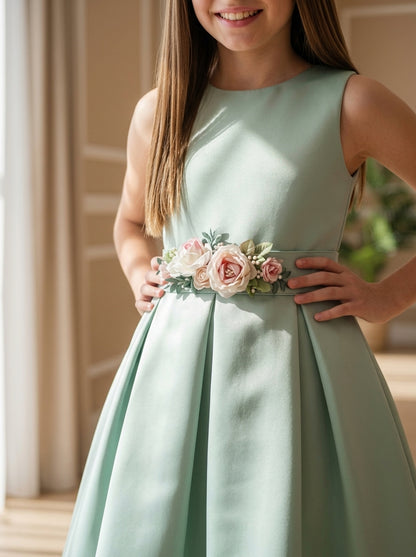 Vestido mikado verde con fajin de flores rosas