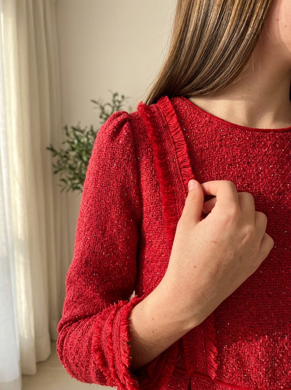 Vestido tejido tweed rojo con lentejuelas