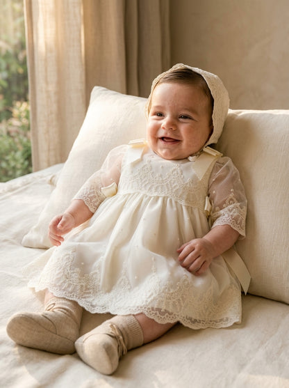 Vestido tul bordado beig con capota y braguita