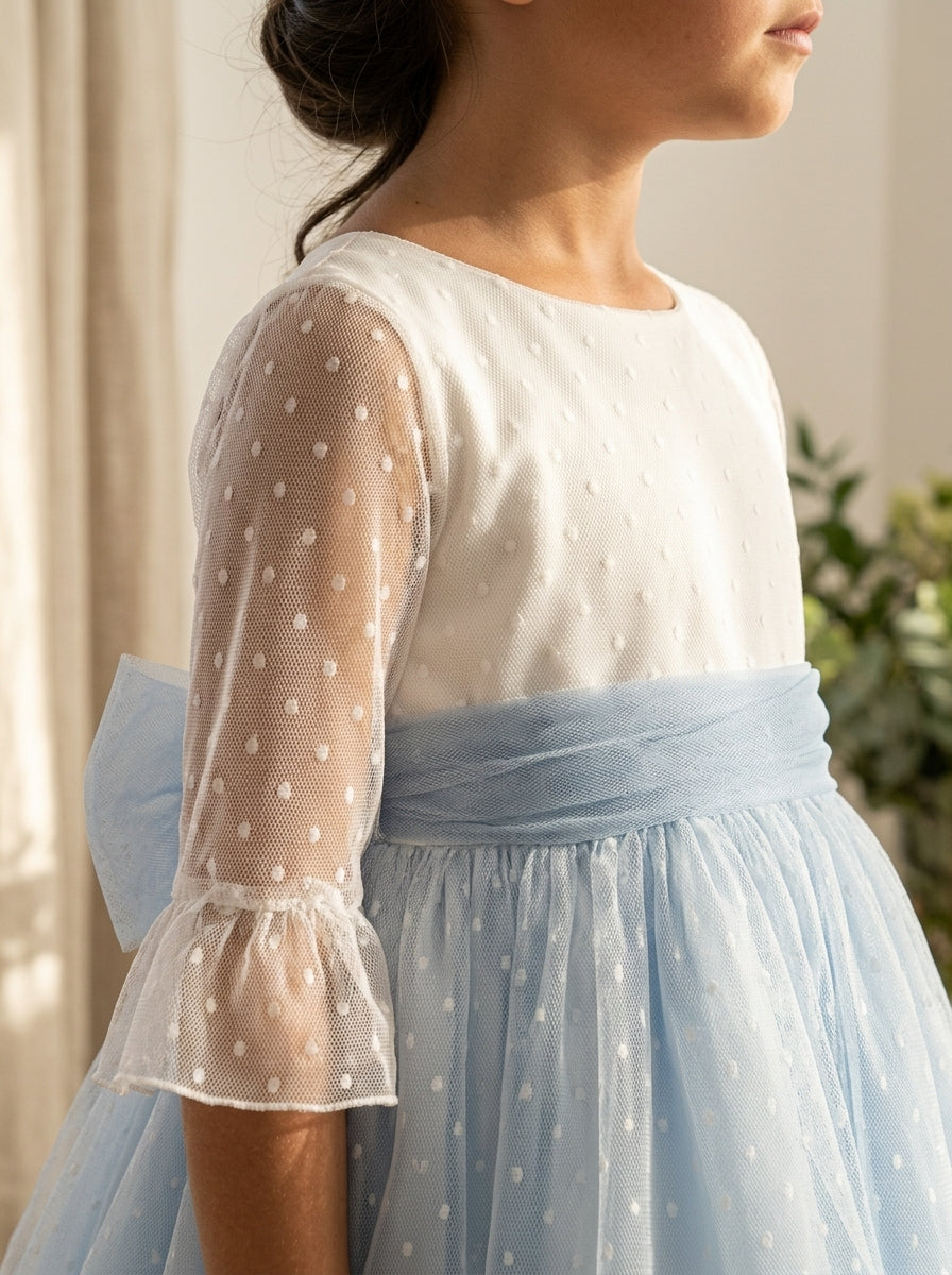Vestido tul de plumeti blanco y azul manga francesa