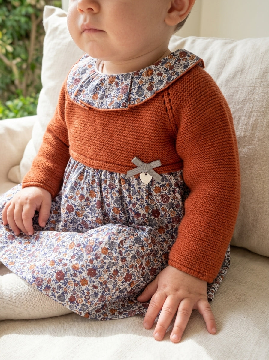 Vestido lana teja flores "Brandy"