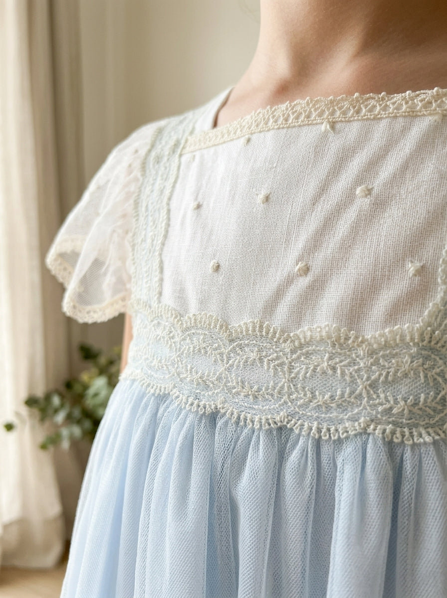 Vestido talle alto tul bordado azul