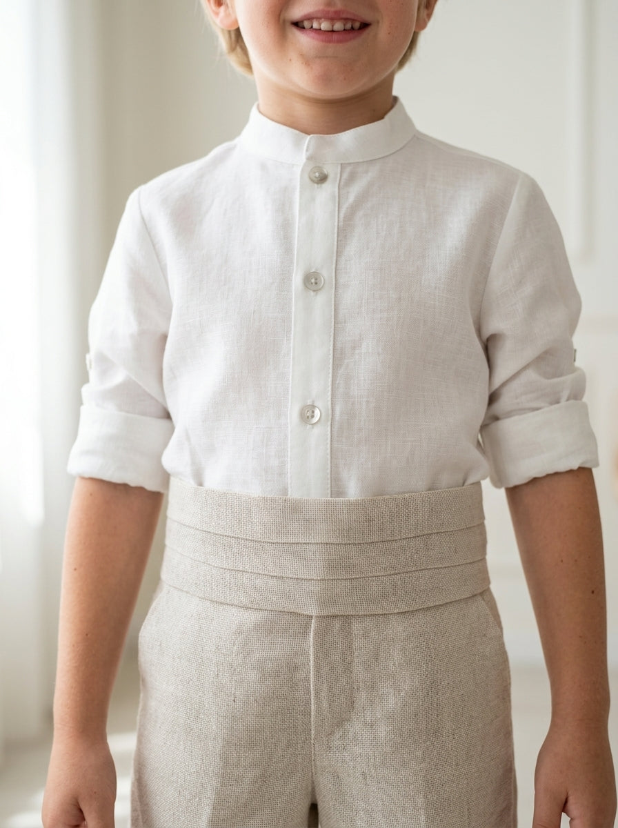 Conjunto camisa beig, short y fajín lino tostado