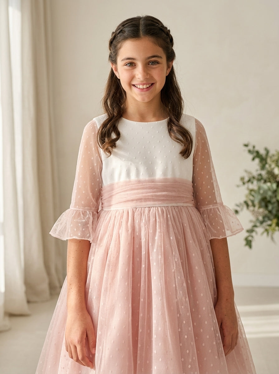 Vestido tul de plumeti blanco y azul manga francesa