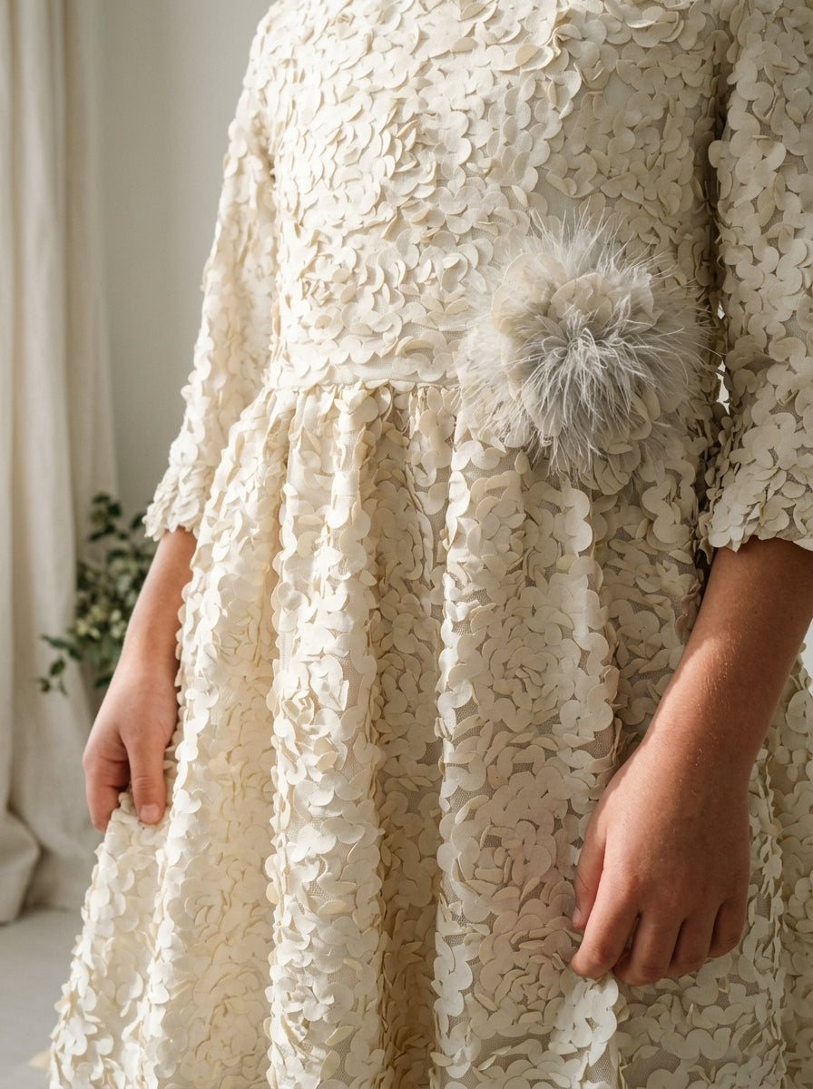 Vestido beig con petalitos beig y plumas
