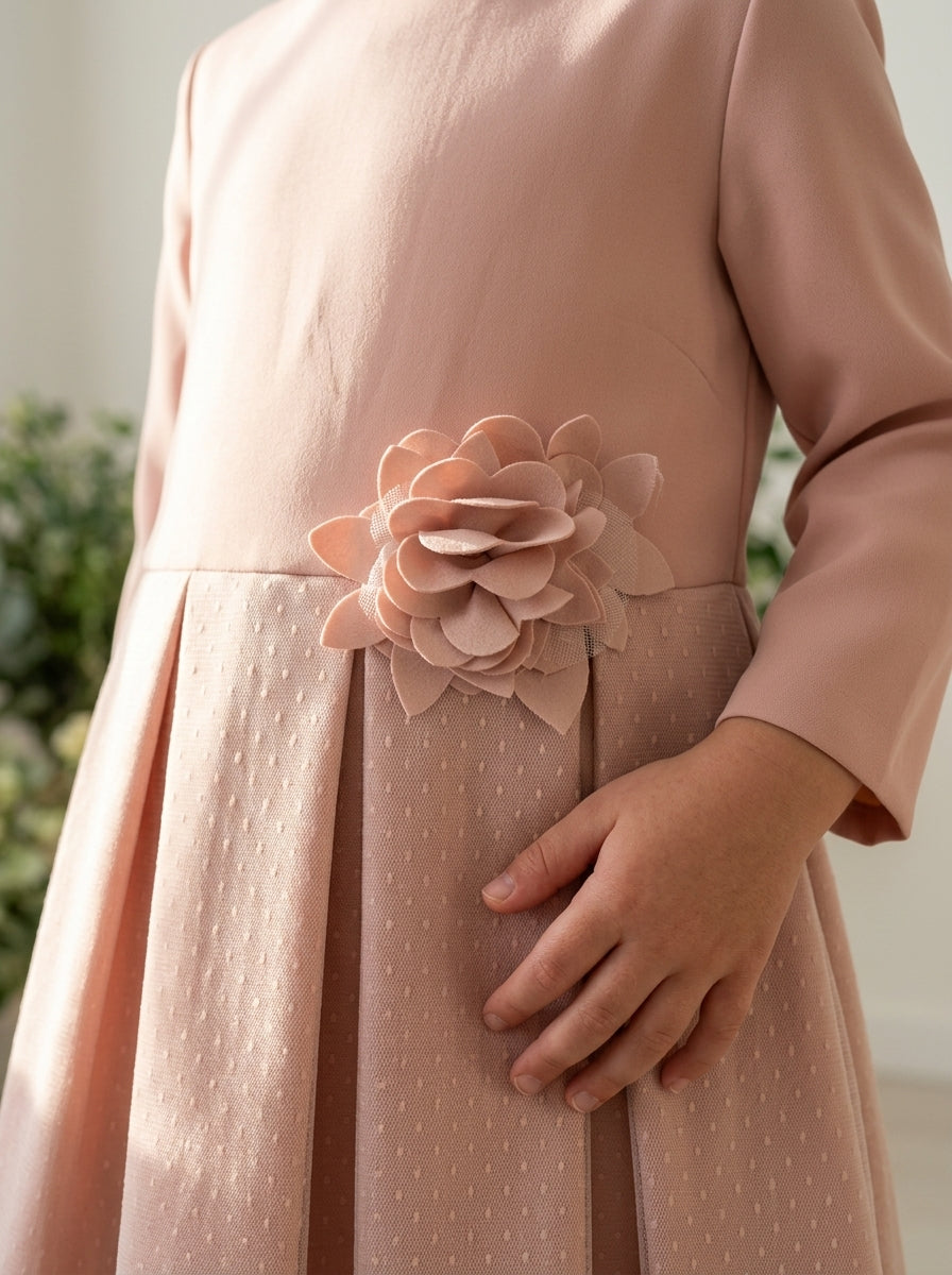 Vestido infantil neopreno y tul rosa empolvado con manga