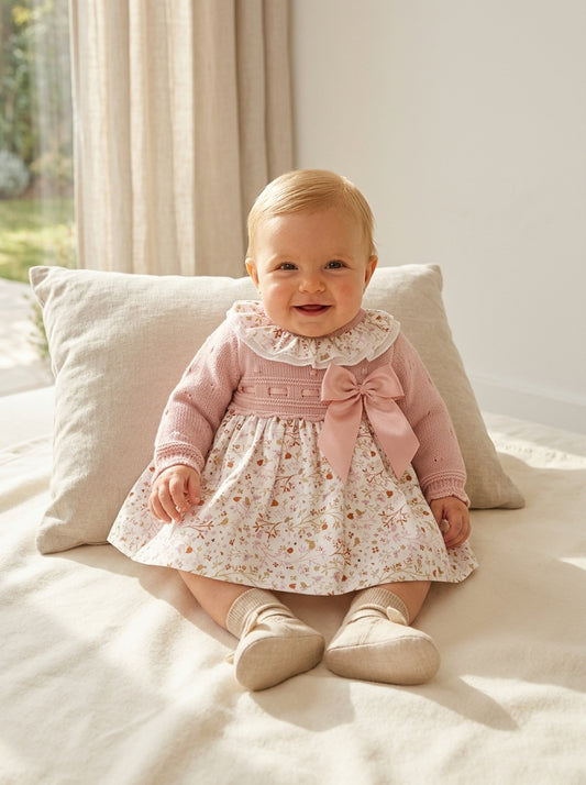 Vestido punto rosa empolvado y estampado pajaritos