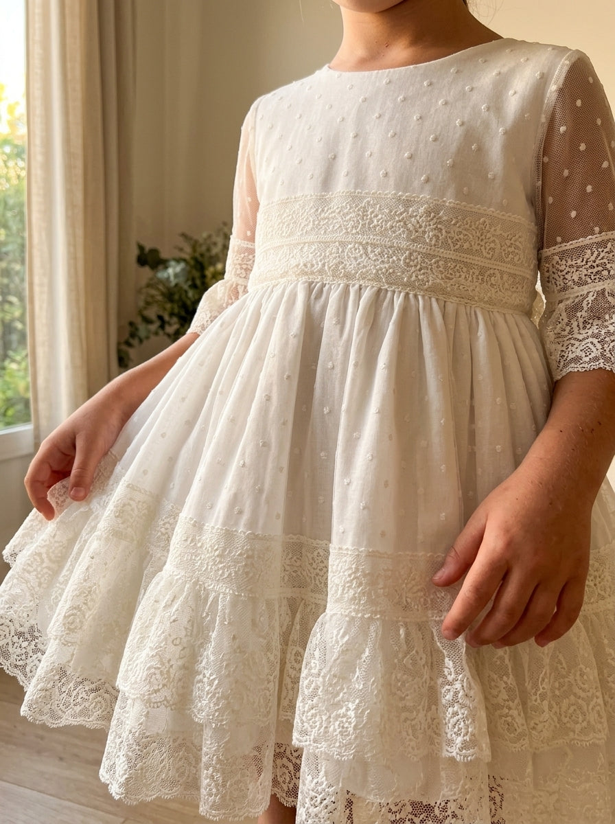 Vestido puntillas y tul bordado blanco