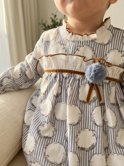 Vestido rayitas azules y pajaritos con pololo "Dolly"