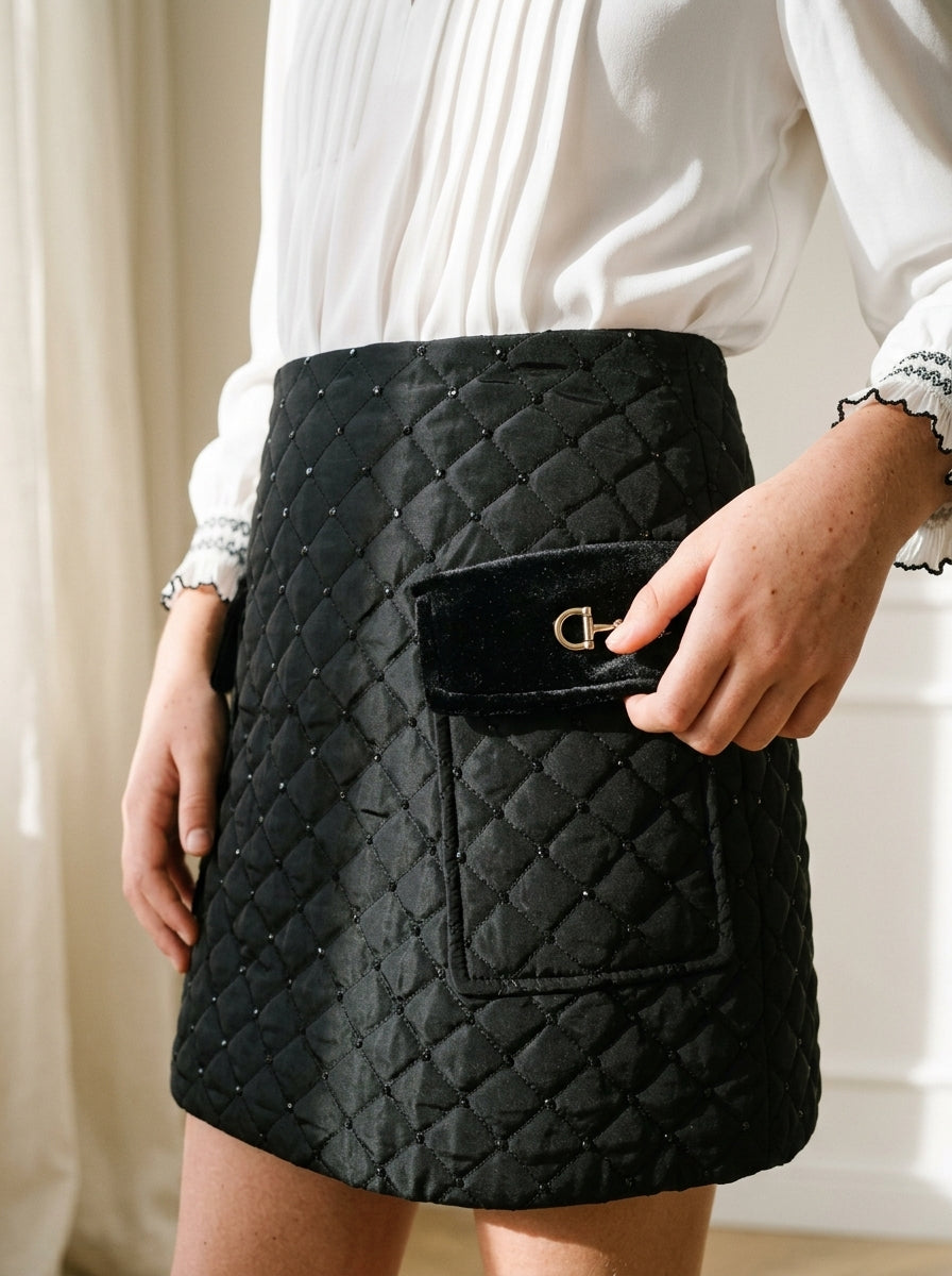 Falda negra acolchada con lentejuelas