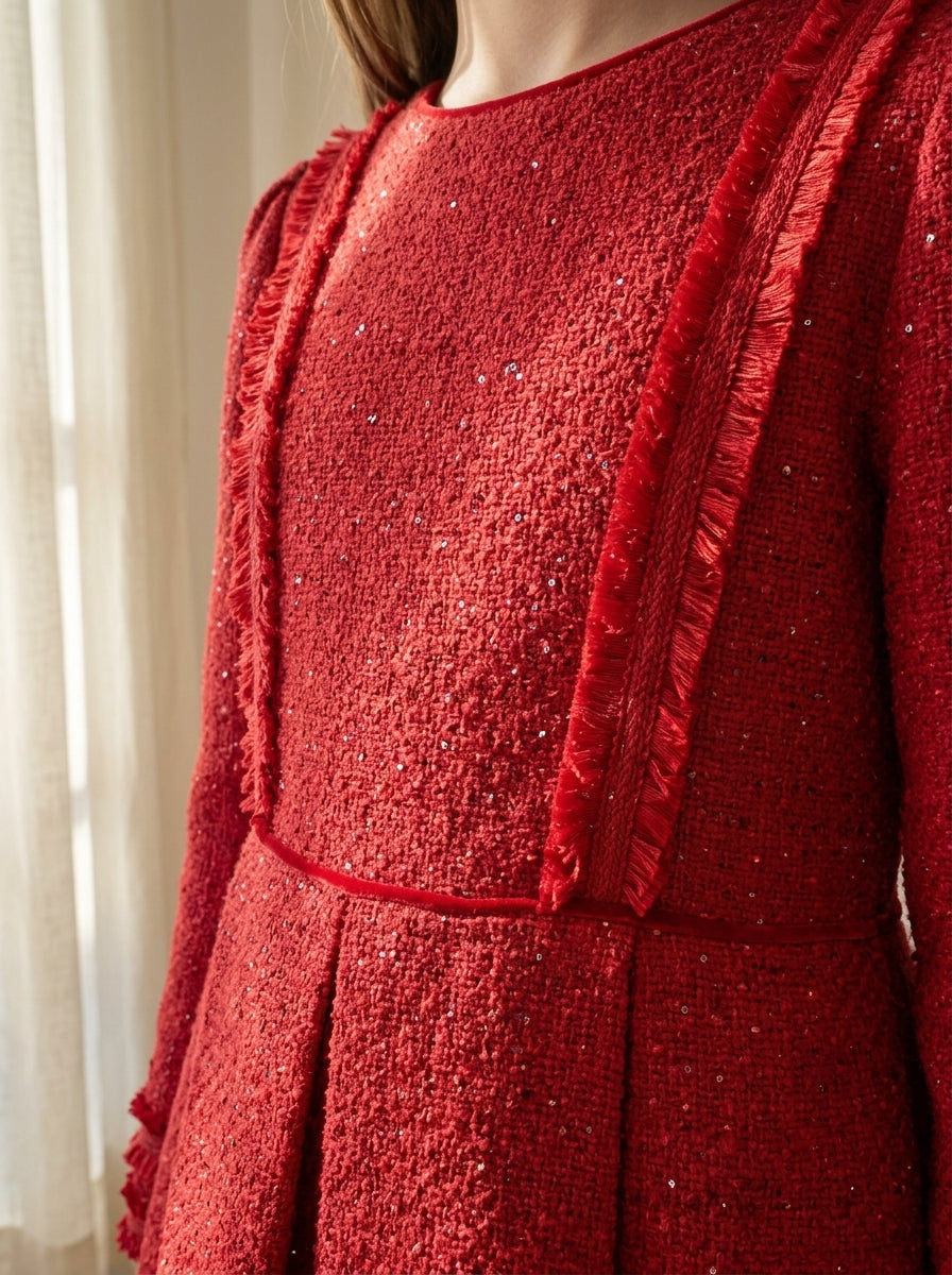 Vestido tejido tweed rojo con lentejuelas