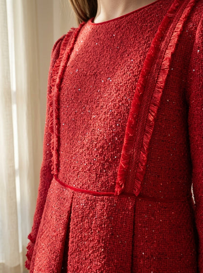 Vestido tejido tweed rojo con lentejuelas