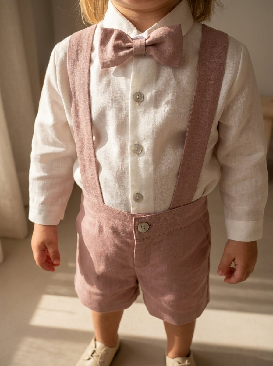 Conjunto camisa beig y short con tirantes rosa