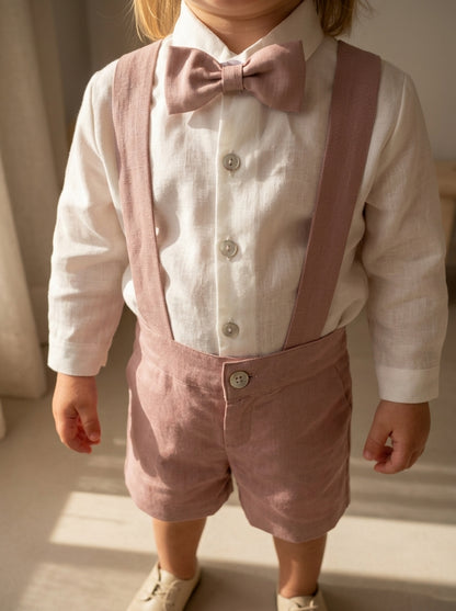 Conjunto camisa beig y short con tirantes rosa